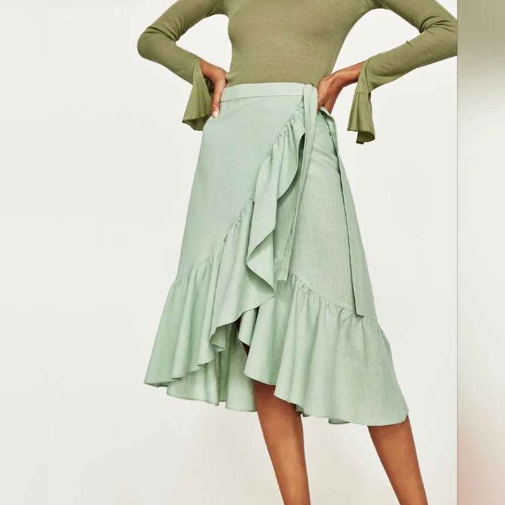Zara Light Green Linen Ruffled Wrap Skirt - Picture 1 of 7